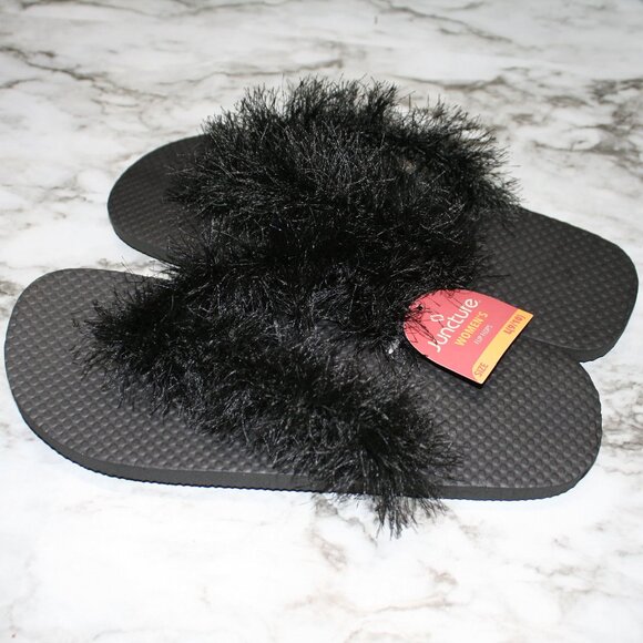 HAND CRAFTED Flip Flop Padded Thong Crochet Faux Fur Eyelash Yarn Black Shoes - Picture 2 of 11